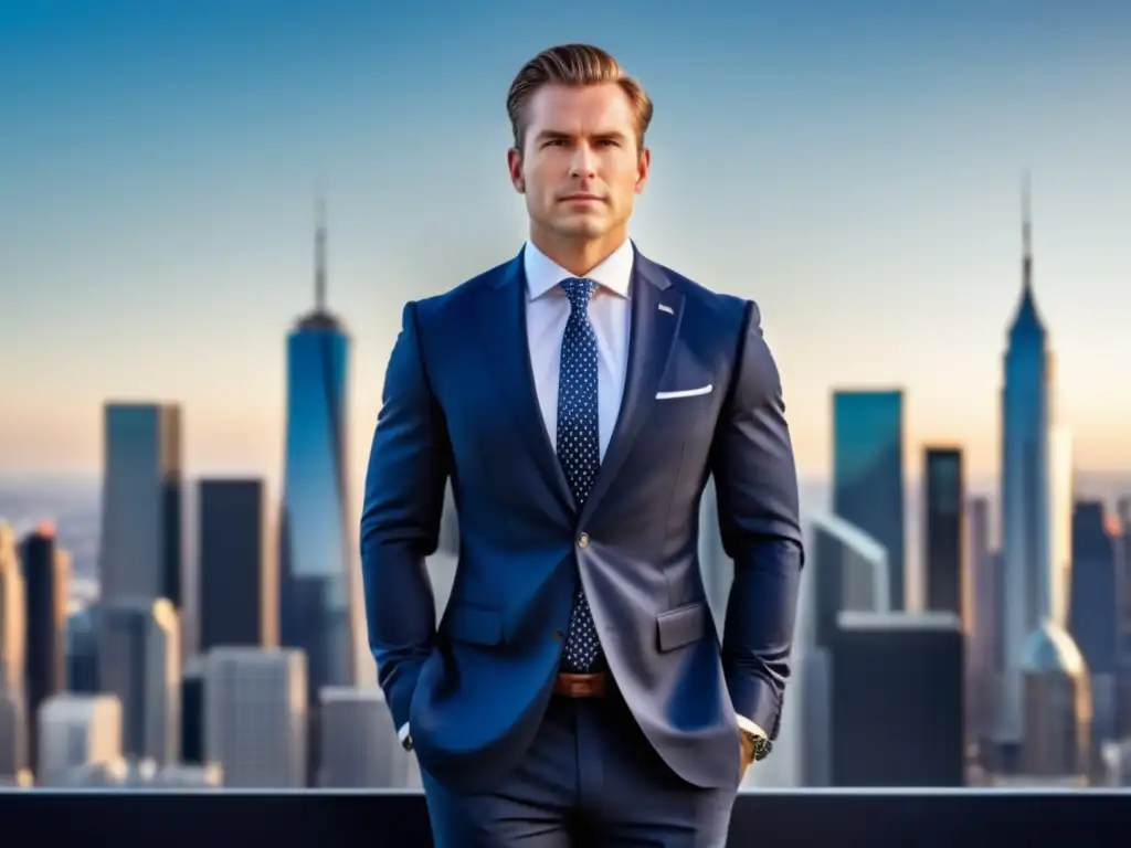 Ejecutivo elegante en ciudad Viajero de negocios con estilo en ciudad al atardecer - Consejos de moda para viajes de negocios