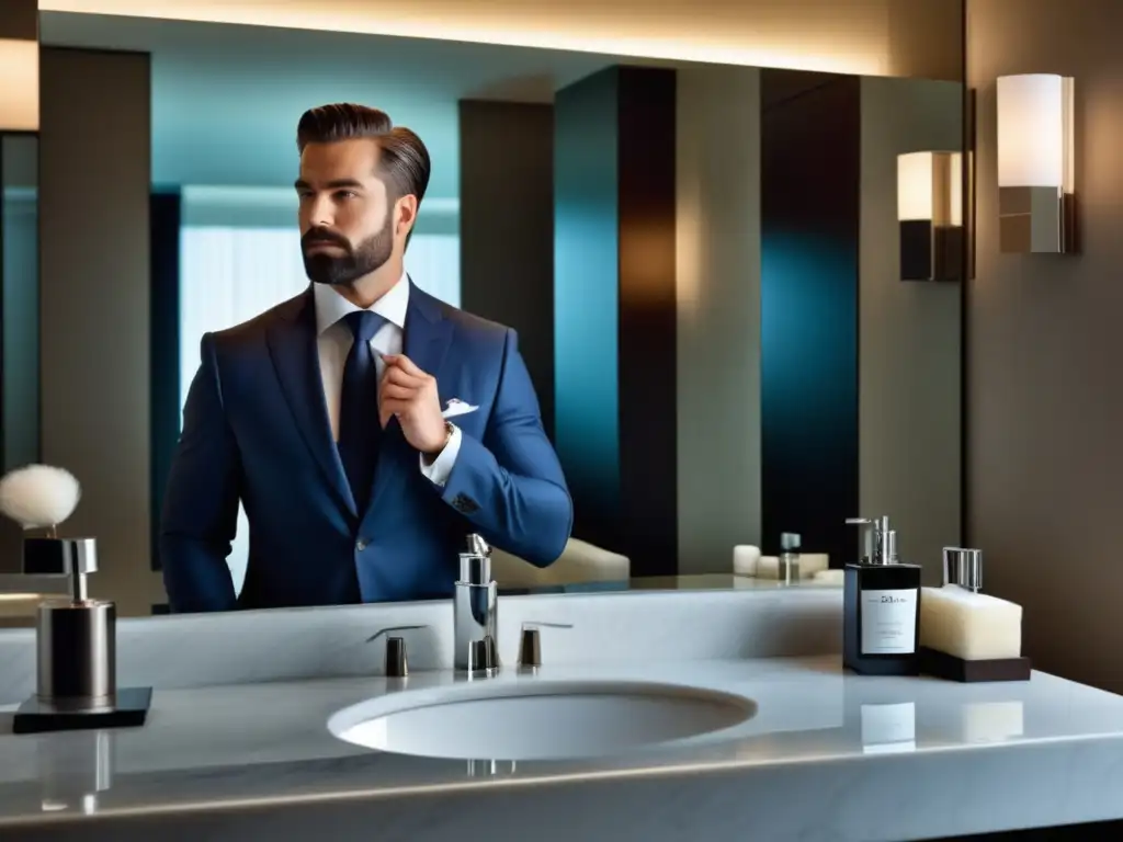 Empresario elegante se afeita en lujoso baño de hotel