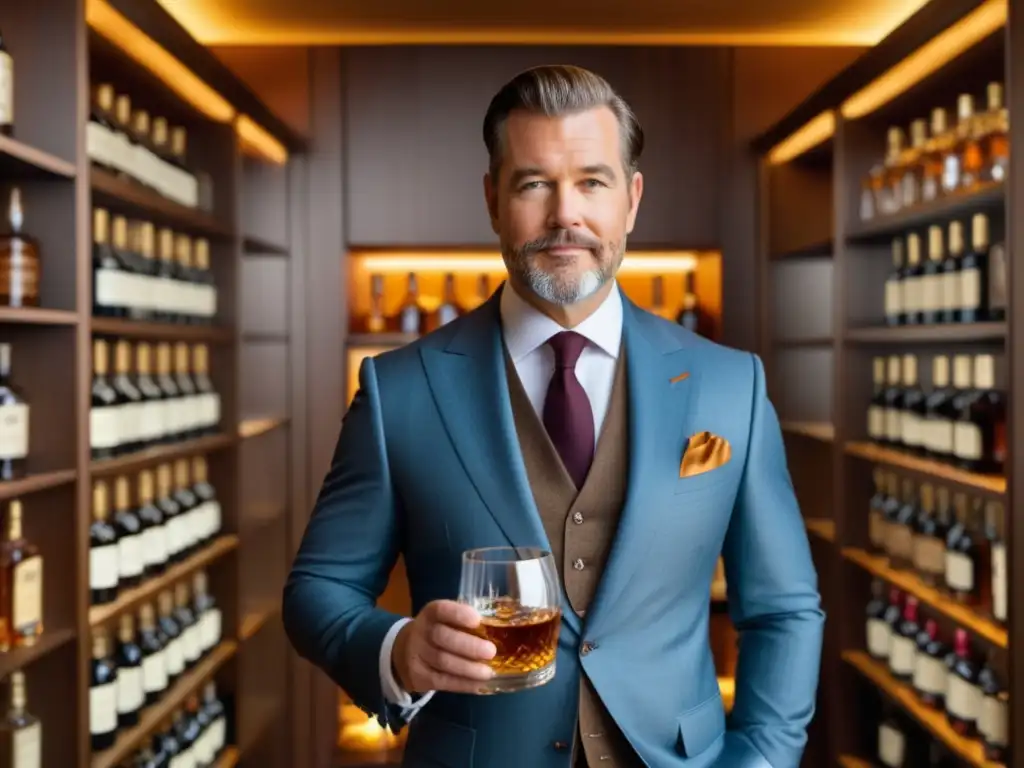 Hombre elegante con whisky en ambiente sofisticado - Tendencias moda masculina whisky