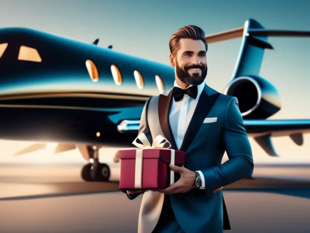 Consejos de etiqueta viaje hombre: Elegancia y estilo en un moderno caballero frente a un jet privado, regalo en mano, en un atardecer vibrante