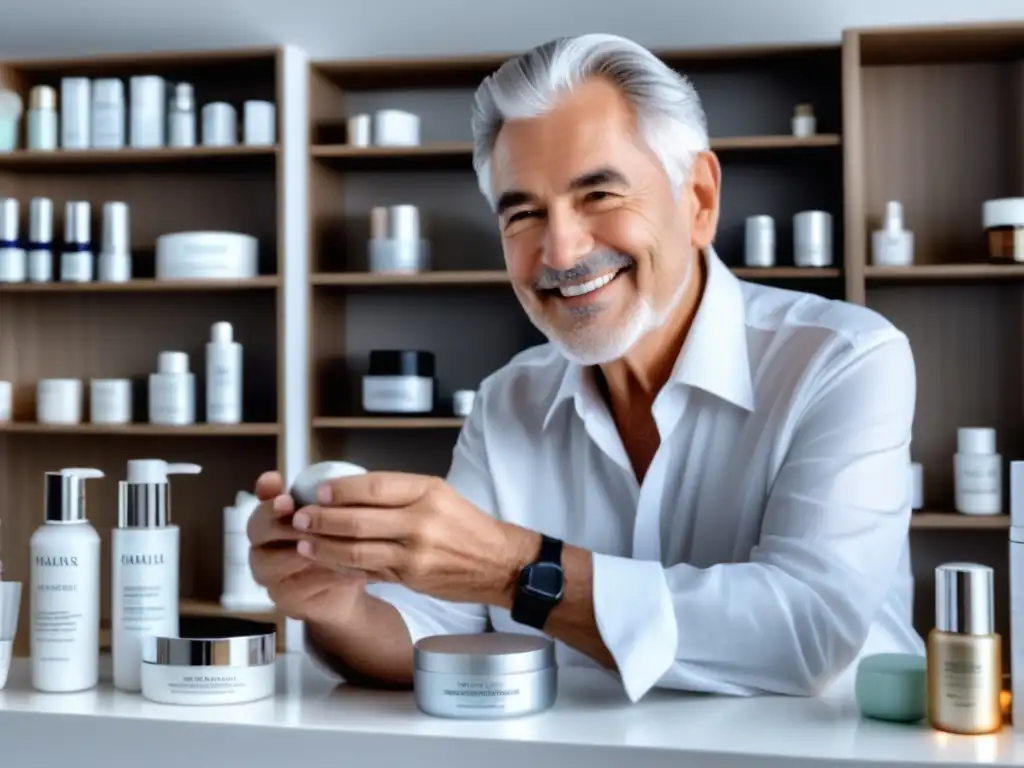 Cuidados de belleza masculina en la tercera edad: hombre elegante aplicando crema facial