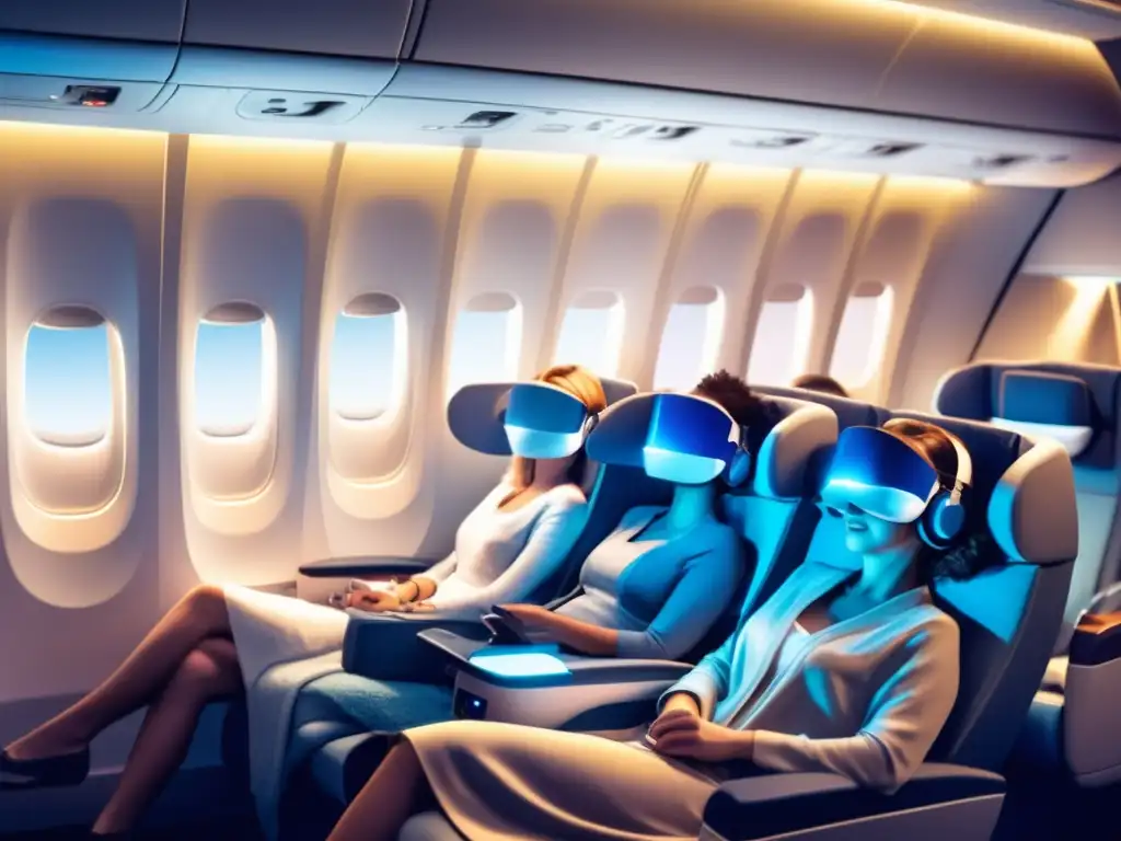 Consejos para dormir bien en aviones: cabina moderna con asientos cómodos, iluminación suave y pasajeros relajados