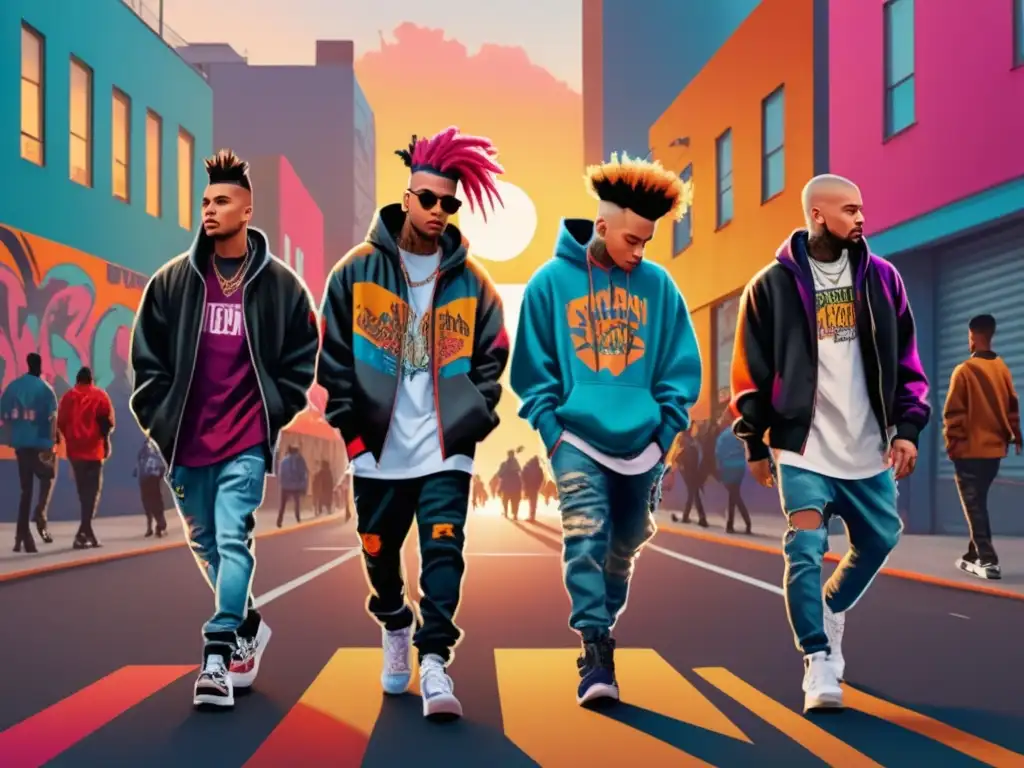 Tendencias moda masculina urbana: Hombres urbanos estilosos caminando en una calle de la ciudad al atardecer, con moda hiphop, skater y punk