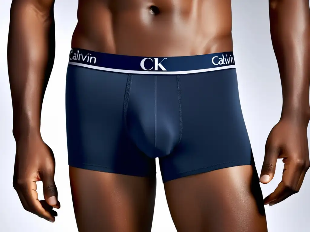 Tendencias moda interior masculina Calvin Klein: modelo masculino elegante en calzoncillos clásicos Calvin Klein, destacando estilo, calidad y tecnología