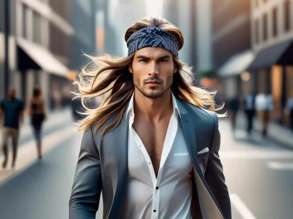 Consejos peinados hombres cabello largo: Hombre con cabello largo y estilo caminando en la ciudad con bandana, sombrero y pinza de pelo