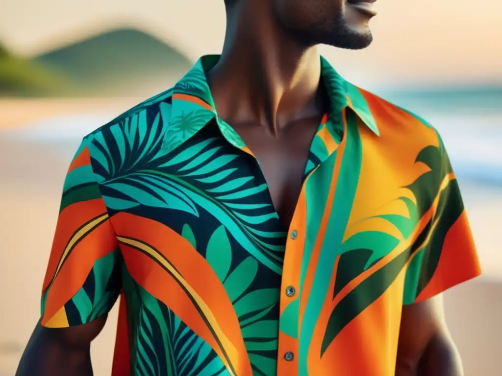 Moda masculina playa: mano masculina tocando camisa tropical playa