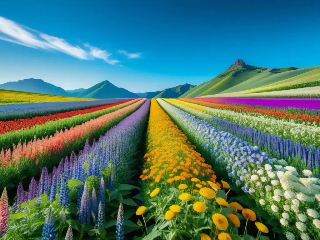 Tintes naturales: campo vibrante de plantas y flores, colores espectaculares que representan tintes naturales, belleza y diversidad en 8k