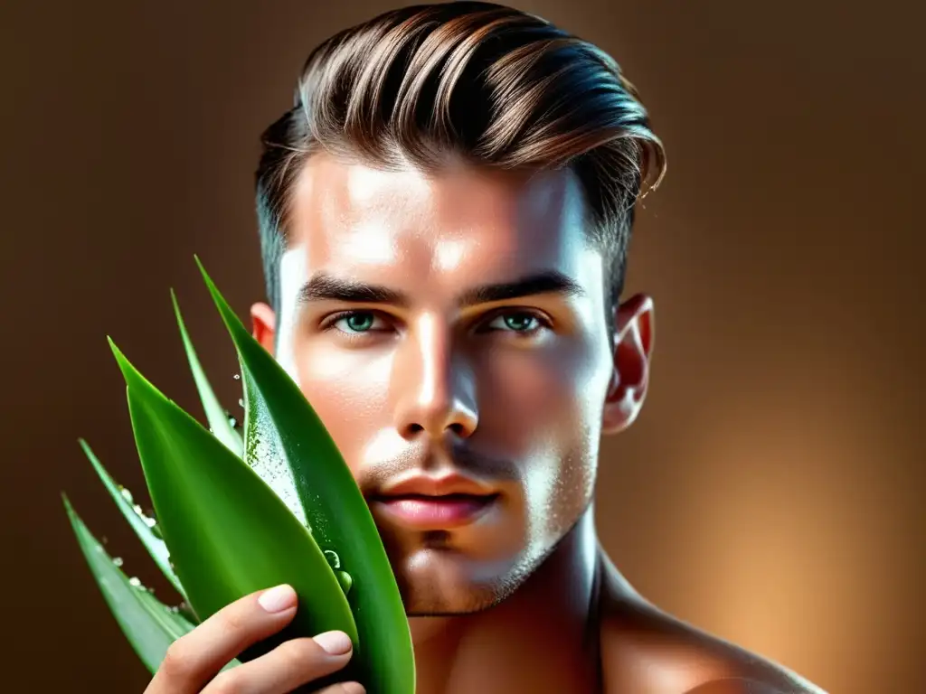 Modelo masculino con piel hidratada y aloe vera, sin irritación después de afeitarse