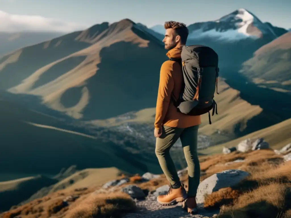 Consejos de moda para viaje de montaña - Hombre elegante en una cima montañosa, paisaje impresionante