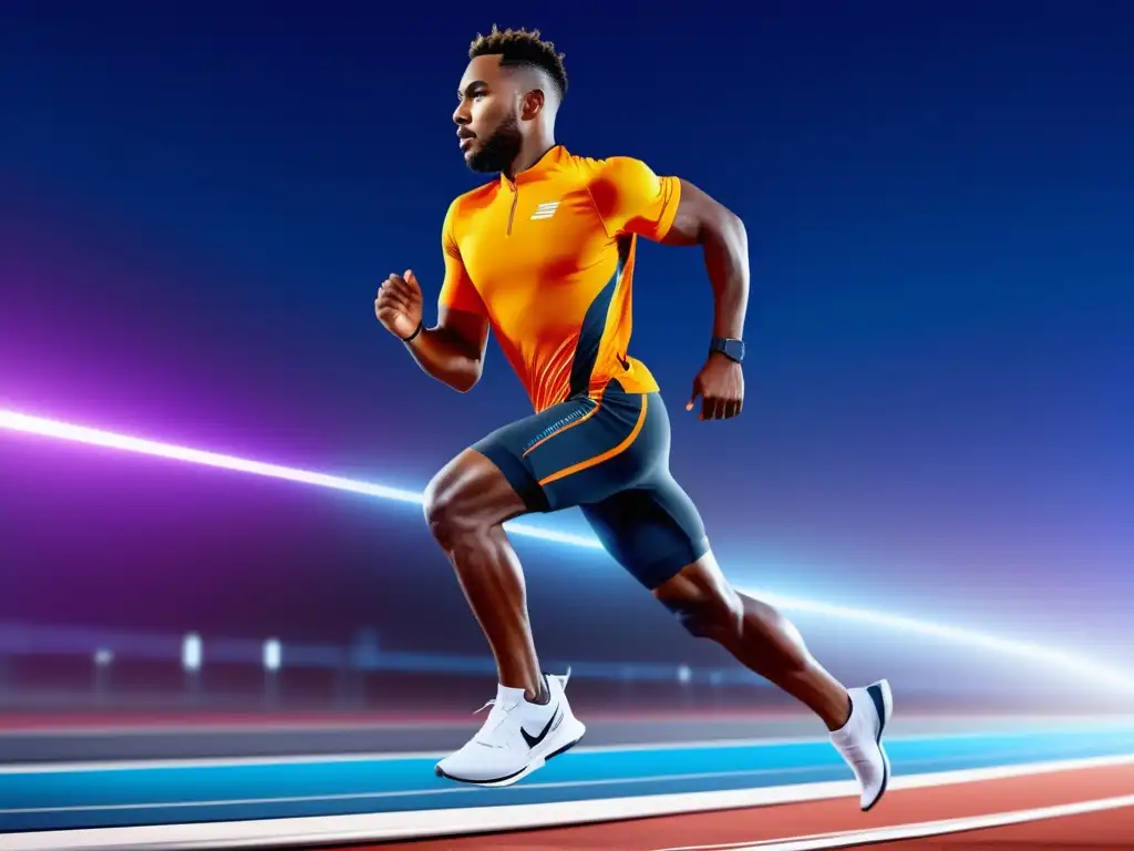 Tendencias materiales deportivos hombre: Atleta masculino en ropa deportiva avanzada, con diseño moderno y materiales innovadores