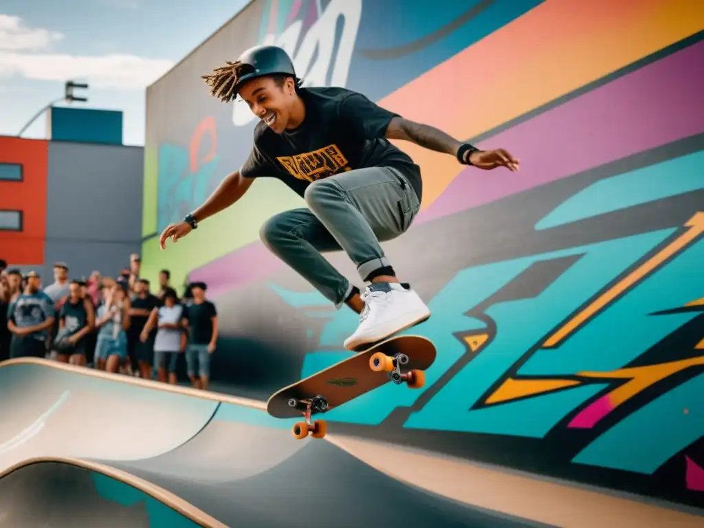 Skateboarder masculino ejecutando un kickflip perfecto en un skatepark urbano, destacando la ropa y equipo de skateboarding