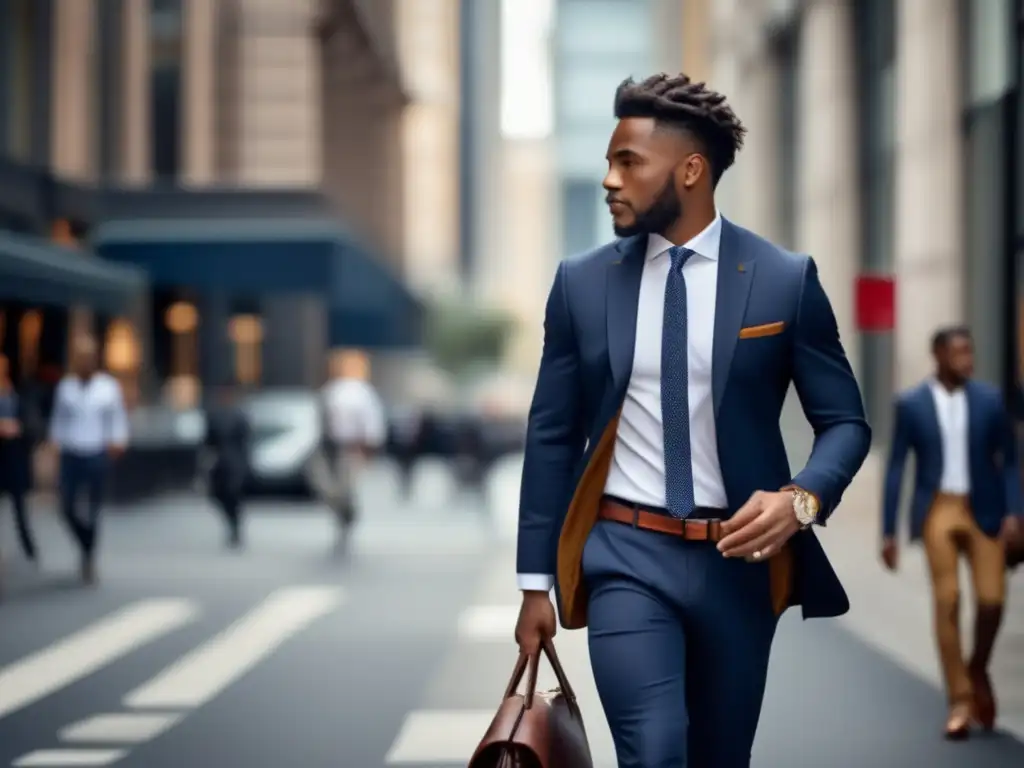 Moda hombre urbano tendencias - Hombre elegante caminando por una calle de la ciudad con traje azul marino y complementos sofisticados