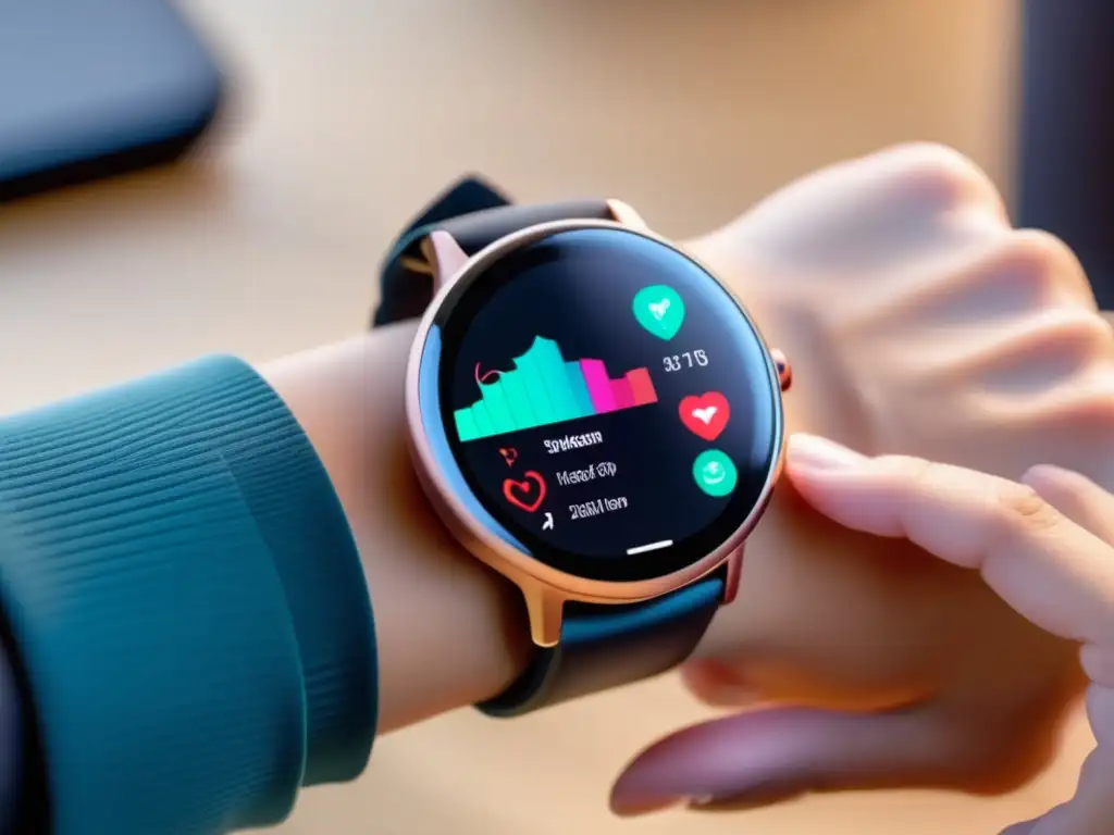 Smartwatch moderno y elegante que muestra métricas de salud y fitness