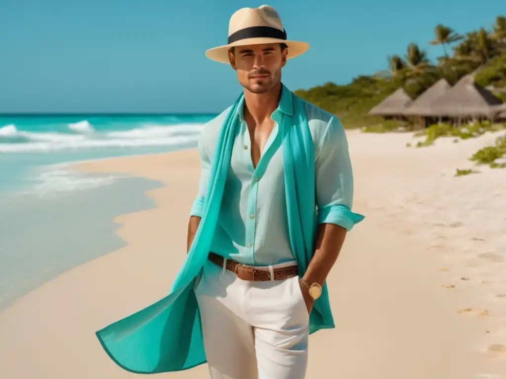 Consejos moda masculina playa verano: modelo elegante con atuendo sofisticado en playa paradisíaca