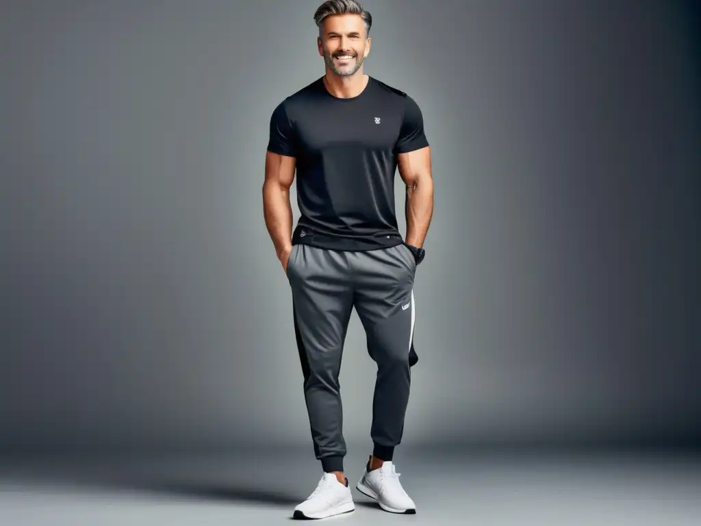 Hombre estiloso en gimnasio, combinando ropa deportiva y estilo masculino