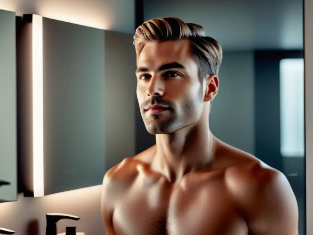 Modelo masculino con piel radiante y sin imperfecciones frente a un espejo en un baño moderno