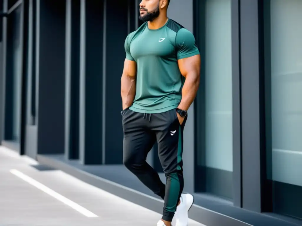 Ropa de gimnasio de moda para hombres en un conjunto elegante y moderno, resaltando la atención al detalle y materiales de alta calidad