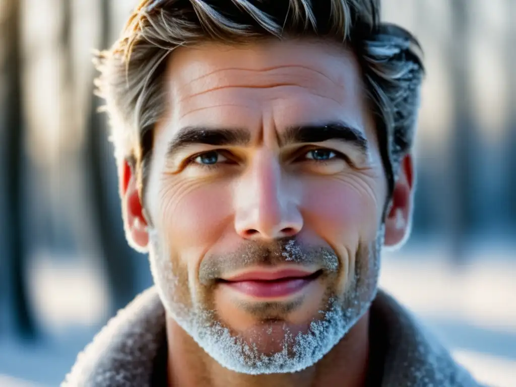 Rutina de cuidado de piel masculina en invierno: hombre con rostro cubierto de escarcha, piel suave y saludable, paisaje invernal