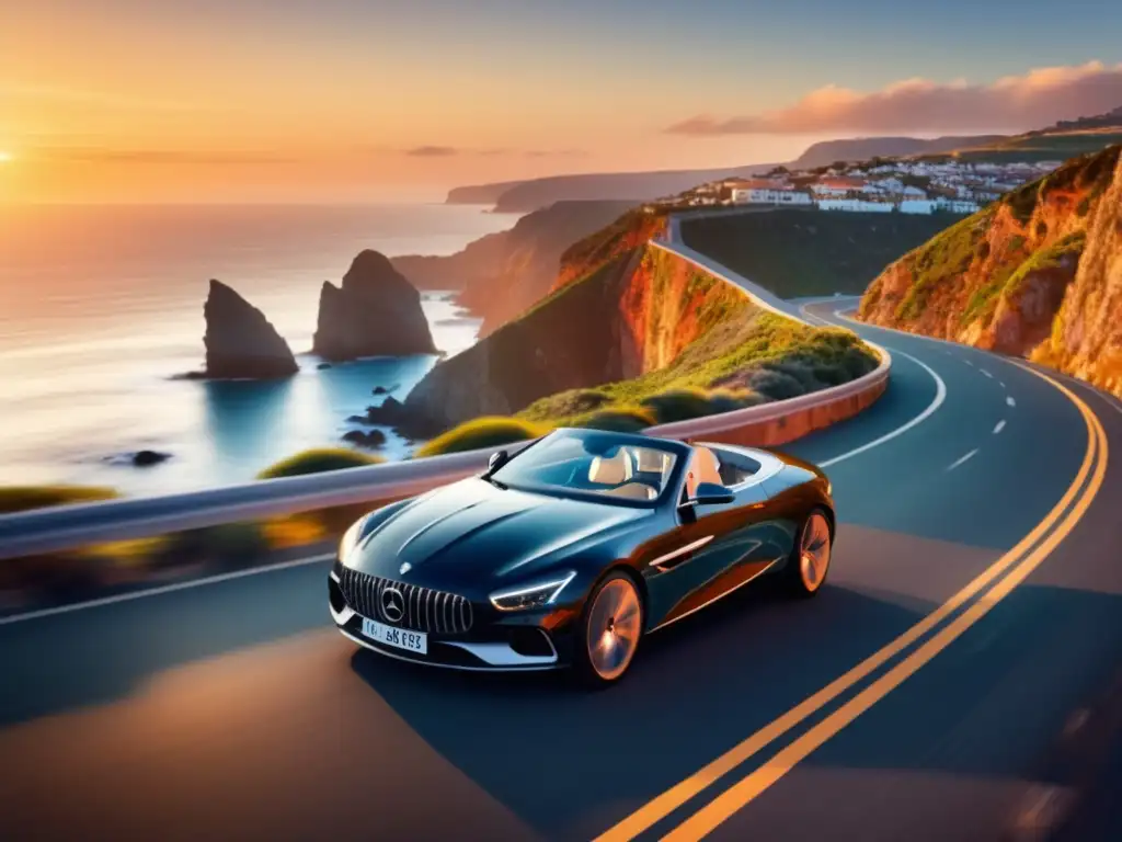 Un elegante viaje en coche por la costa al atardecer, con un hombre sofisticado al volante