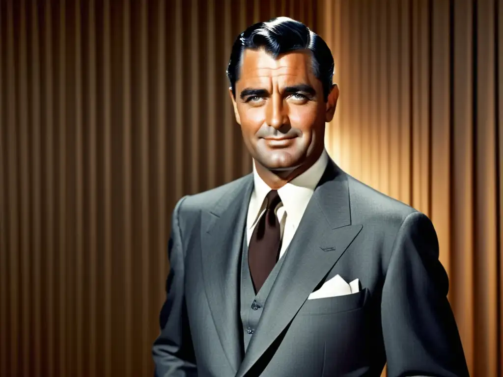 Estilo inconfundible de Cary Grant en traje elegante y fondo moderno