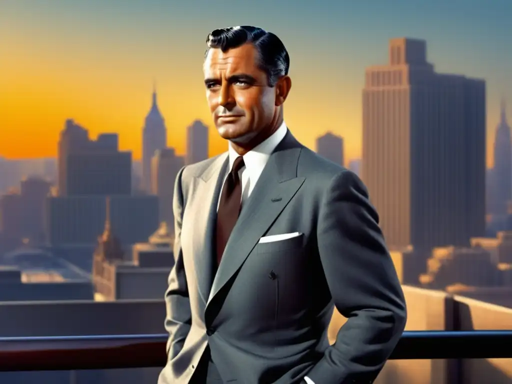 Consejos estilo masculino Cary Grant: Imagen 8K ultradetallada muestra a Grant elegante en traje, exudando elegancia atemporal