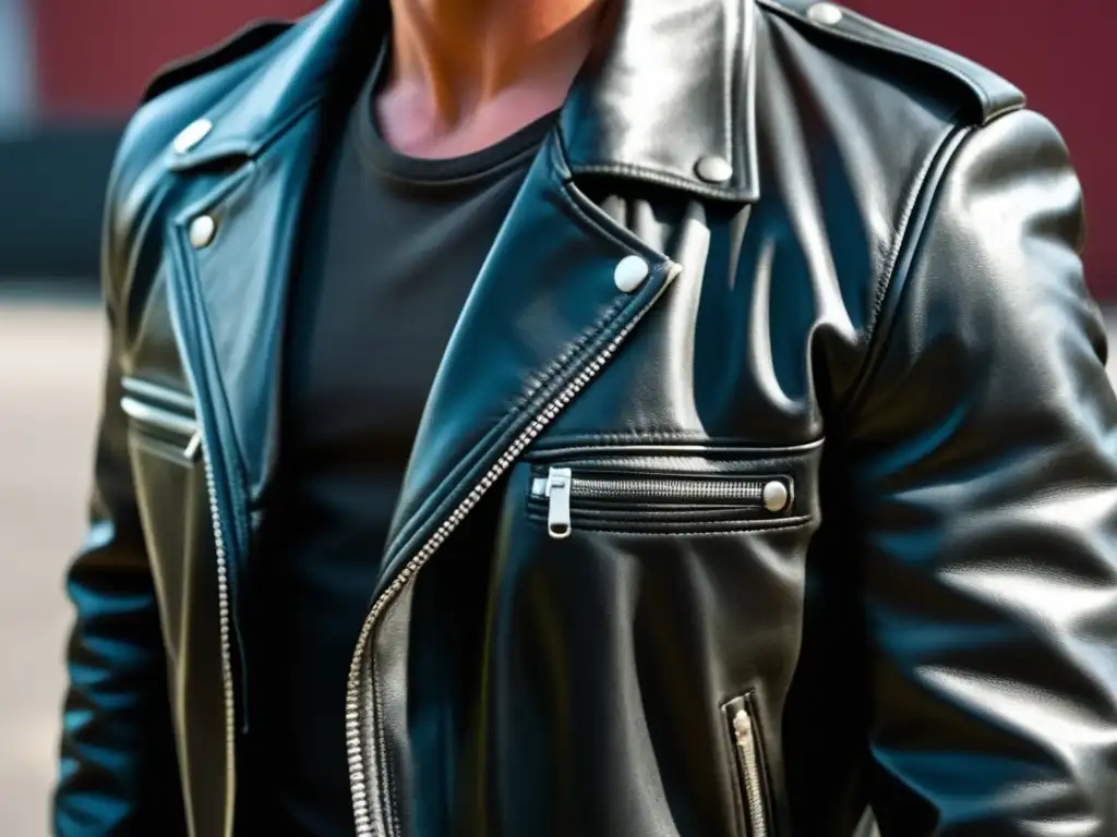 Chaqueta de cuero negra con detalles y diseño elegante, similar a la usada por Brad Pitt en 