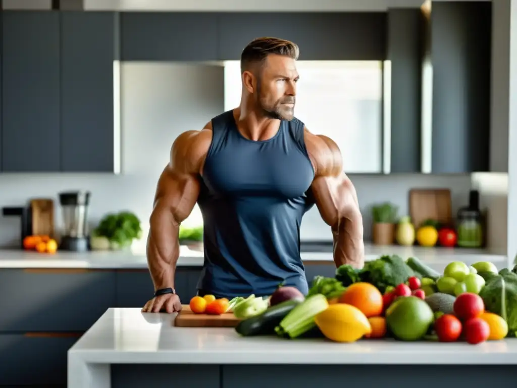 Hombre musculoso preparando dieta energética en cocina moderna