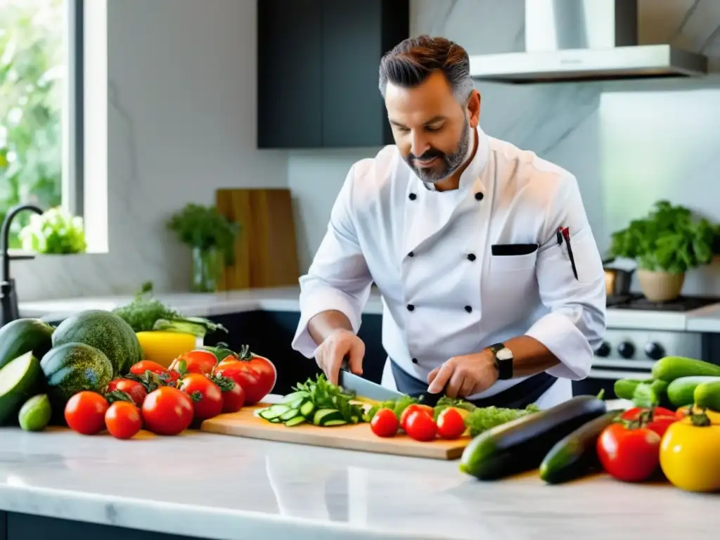 Chef masculino en una cocina moderna preparando una comida mediterránea equilibrada