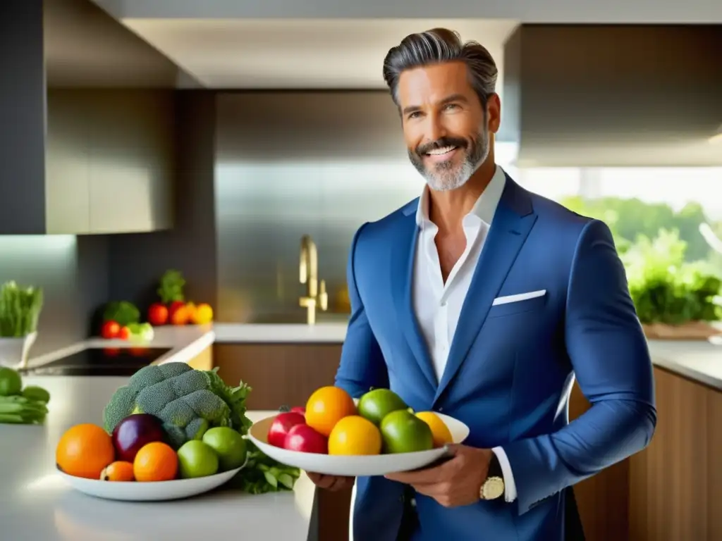 Hombre elegante con plato de frutas y verduras, resalta nutrición y estilo masculino