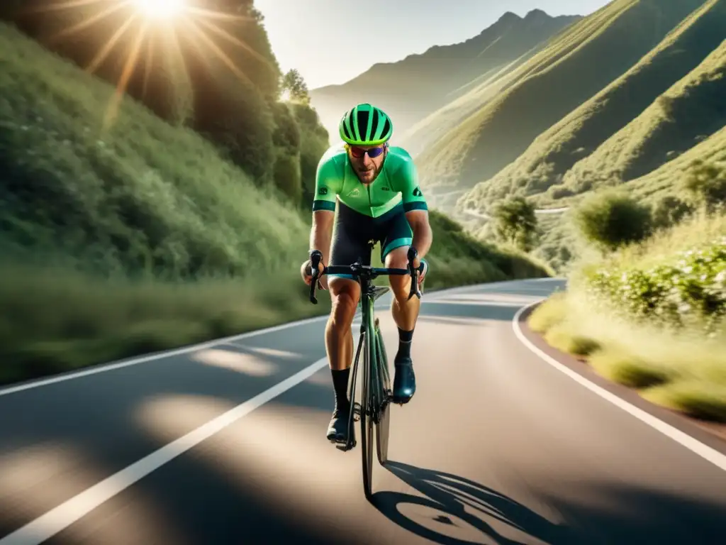 Ciclista profesional en carretera escénica rodeado de naturaleza, con beneficios del ciclismo para hombres