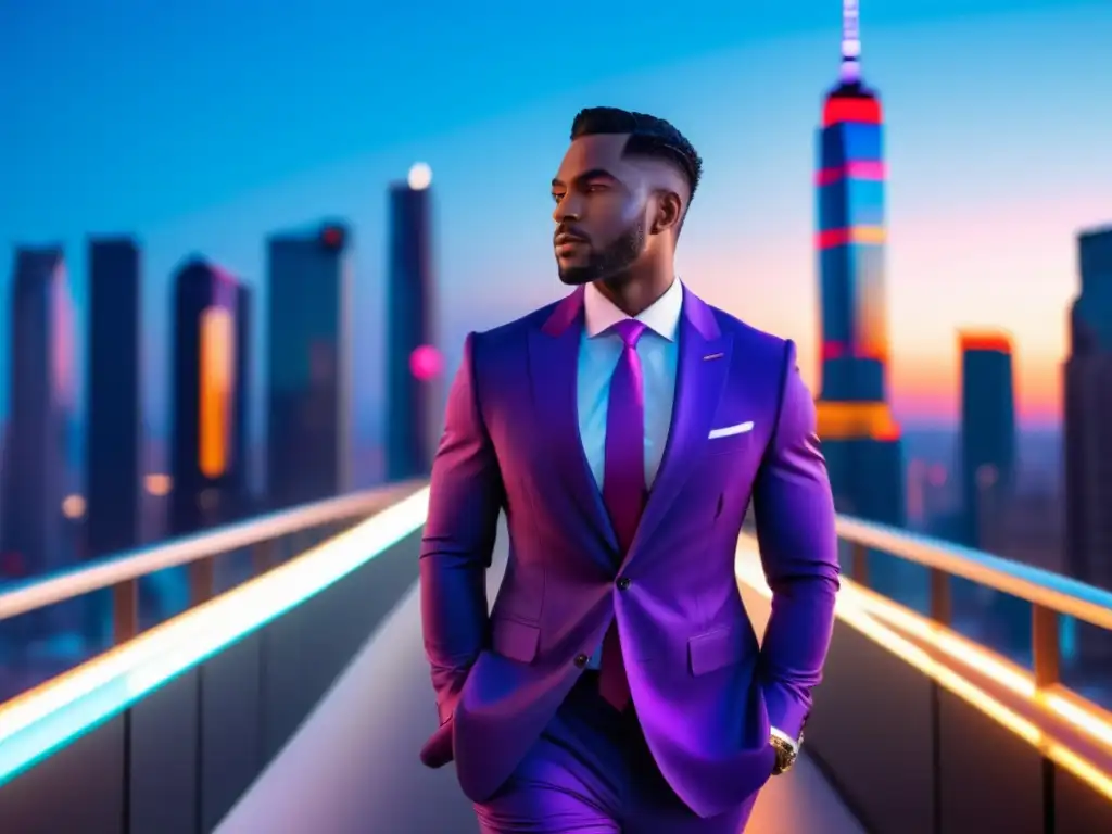 Influencia en moda masculina: Ciudad moderna al atardecer con influencer elegante y sofisticado en traje impecable