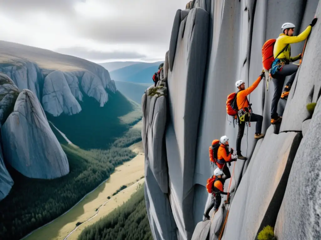 Consejos para mantener el estilo en la escalada: Grupo de escaladores conquistando alturas con equipo técnico y moderno