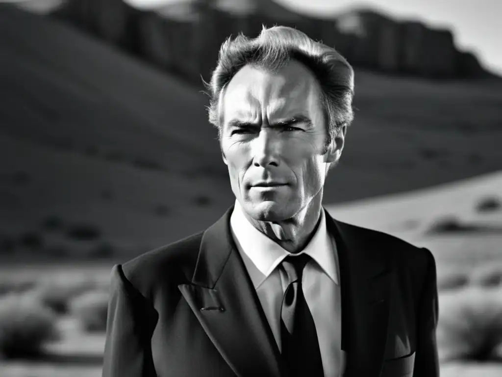 Clint Eastwood en imagen en blanco y negro, con traje negro y camisa blanca, en el desierto, retratando su carisma y masculinidad