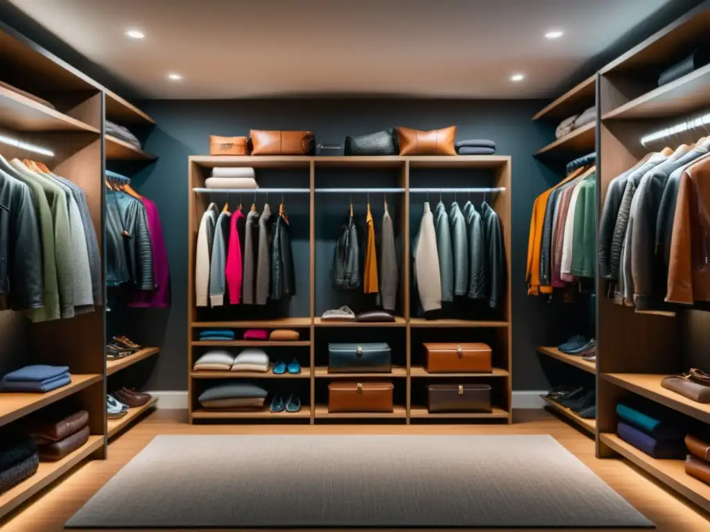 Closet bien organizado con ropa deportiva, chaquetas de cuero y prendas de punto