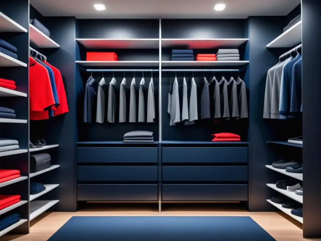 Activewear para hombres modernos en un elegante y organizado closet con prendas en tonos neutros y vibrantes