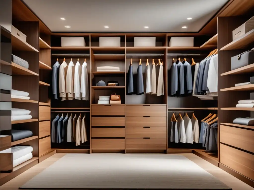 Consejos cuidado ropa masculina: Imagen de closet sofisticado y organizado, con diseños modernos y cuidadosamente almacenada