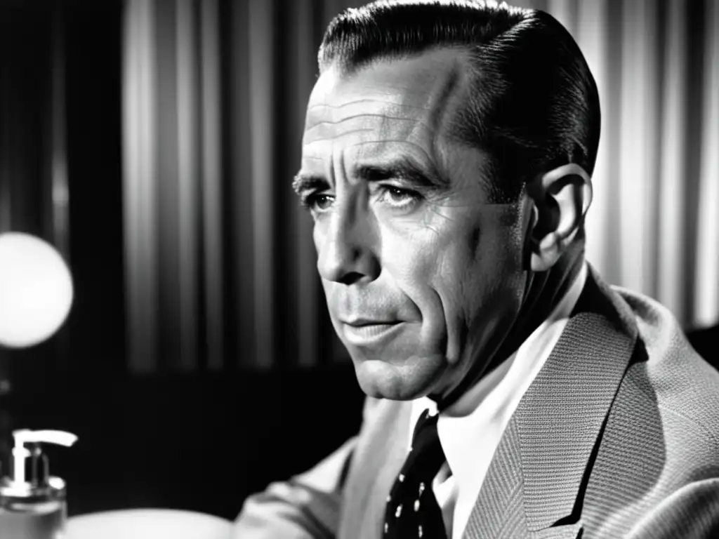 Rostro de Humphrey Bogart en rutina de cuidado de la piel, estilo vintage masculino Bogart