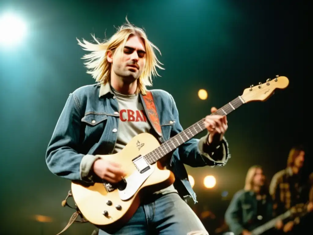 Kurt Cobain en concierto grunge, capturando su intensa emoción y el estilo icónico del grunge