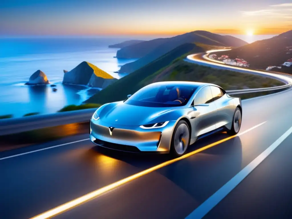 Viajar con estilo económico en un moderno auto eléctrico plateado en una carretera costera escénica al atardecer