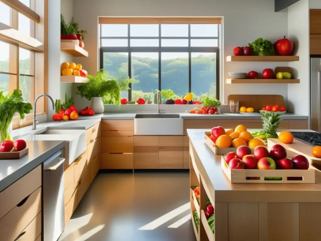 Cocina moderna llena de frutas y verduras coloridas, transmitiendo el mensaje de nutrición equilibrada para hombres