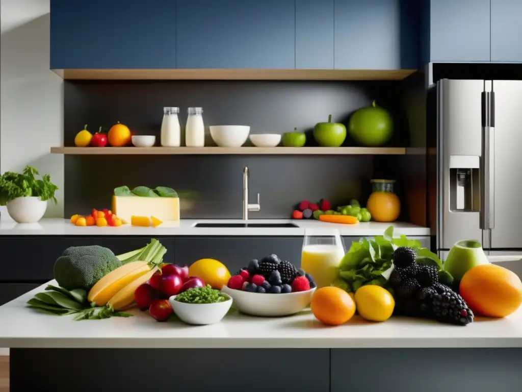 Una cocina moderna con alimentos ricos en nutrientes: frutas, verduras, lácteos y proteínas