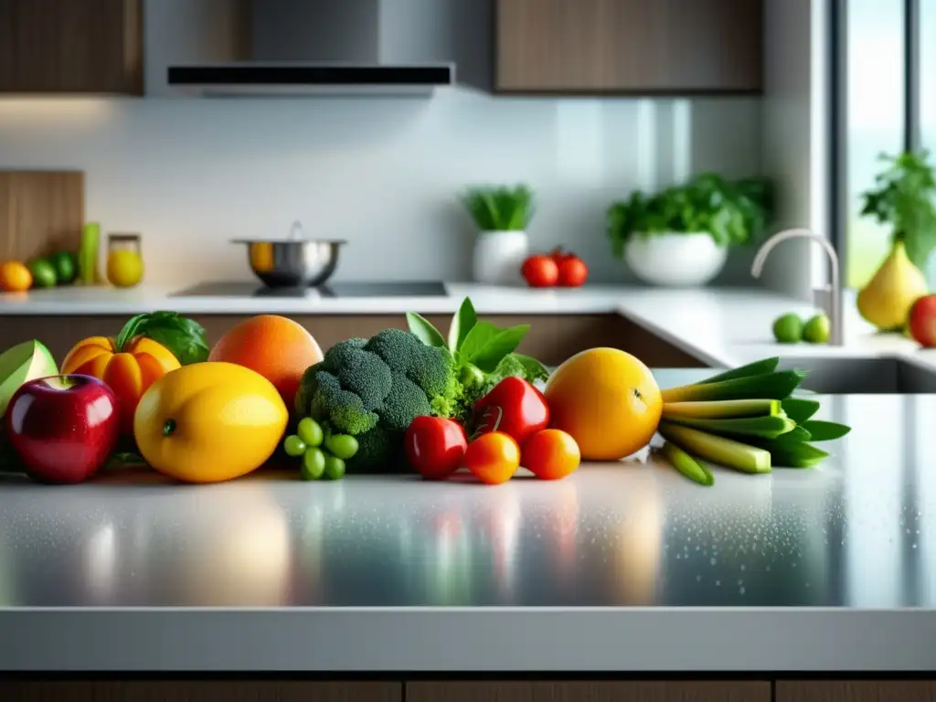 Encimera de cocina moderna y elegante con frutas y verduras frescas, agua y alimentos procesados coloridos