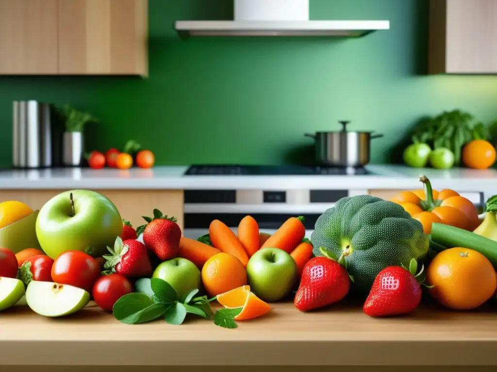 Importancia salud digestiva apariencia: Mesa de madera con frutas y verduras frescas y coloridas en una cocina moderna