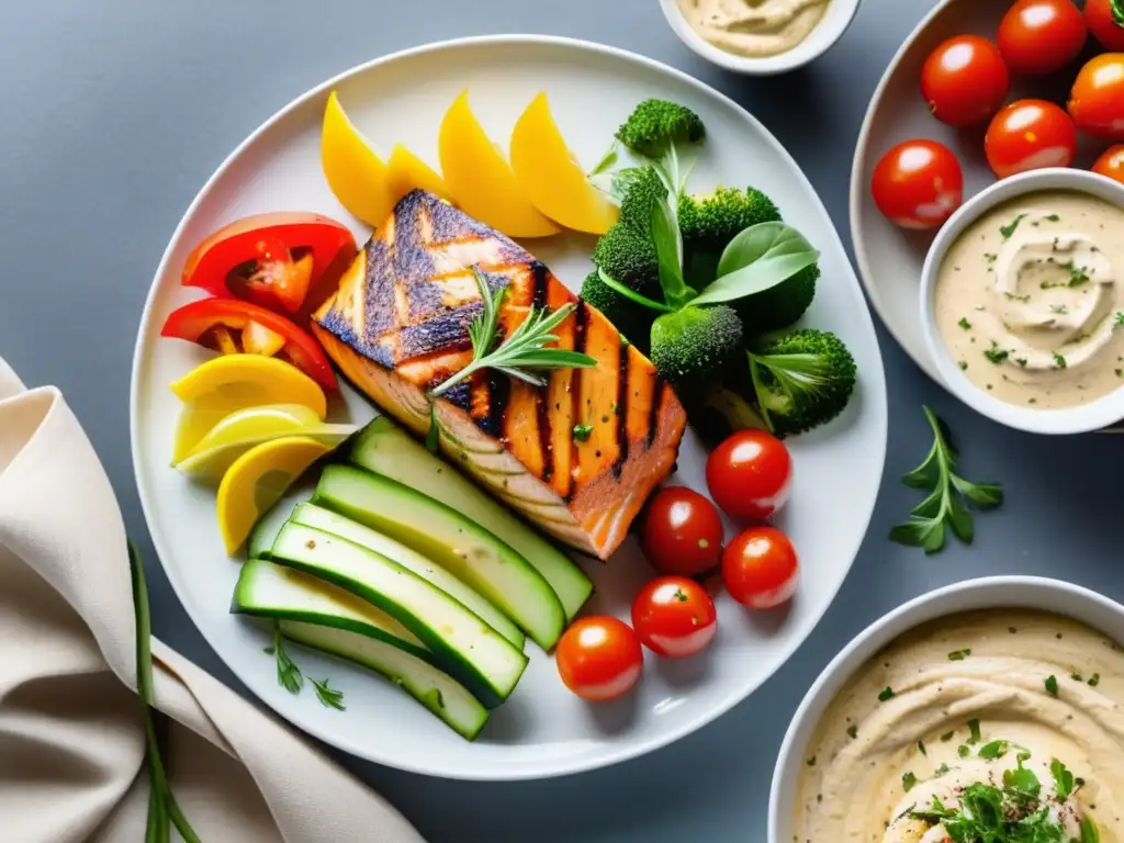 Plato mediterráneo masculino: salmón a la parrilla, verduras asadas y hummus