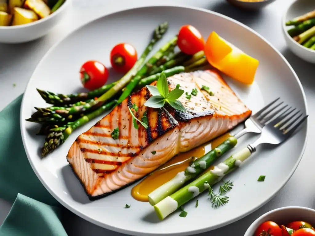 Plato balanceado dieta alta proteínas hombres: salmón grillado con vegetales asados y presentación atractiva