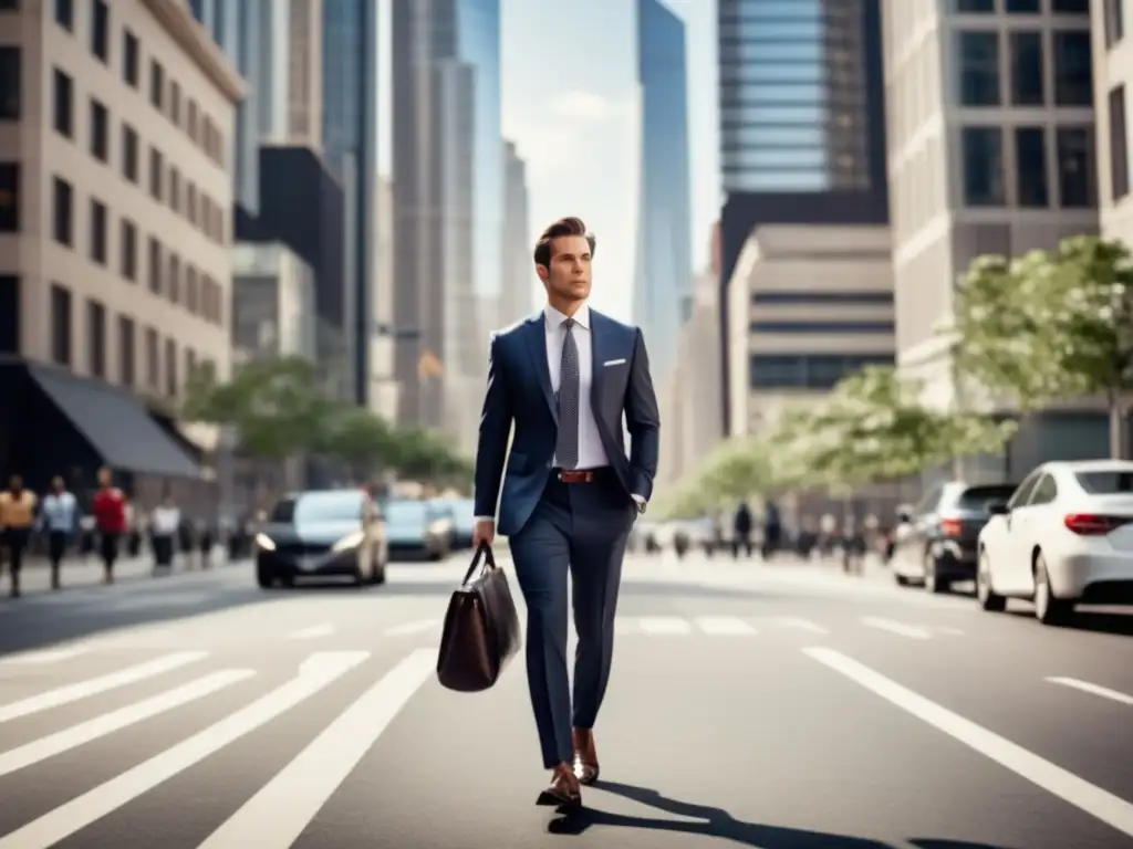 Moda masculina para aumentar confianza: hombre seguro caminando en la ciudad con traje elegante y actitud positiva