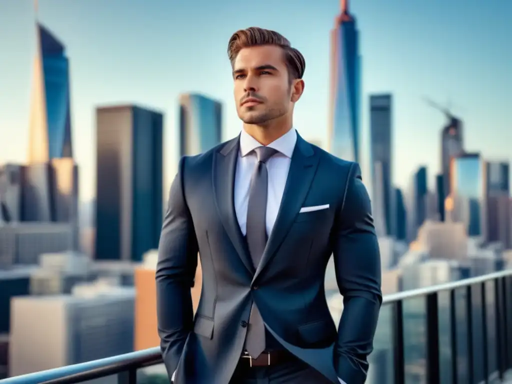 Hombre elegante y seguro en traje de moda masculina, con fondo urbano - Moda masculina y autoestima