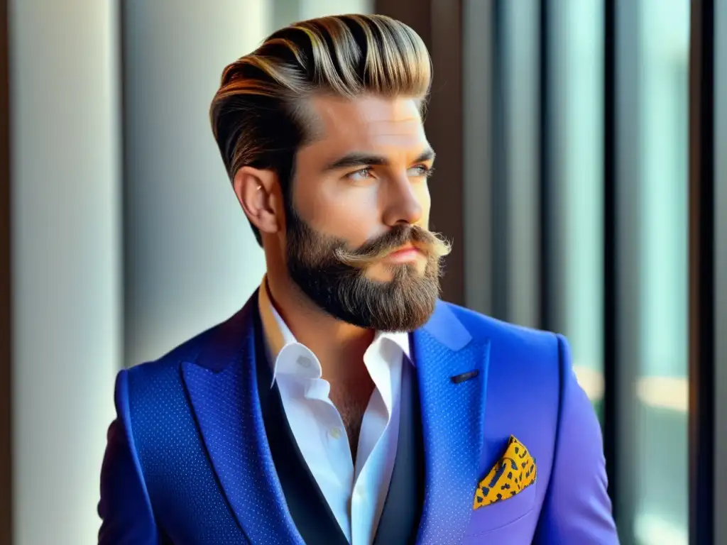 Nuevas tendencias moda masculina: Modelo masculino con traje llamativo, barba bien cuidada y peinado elegante