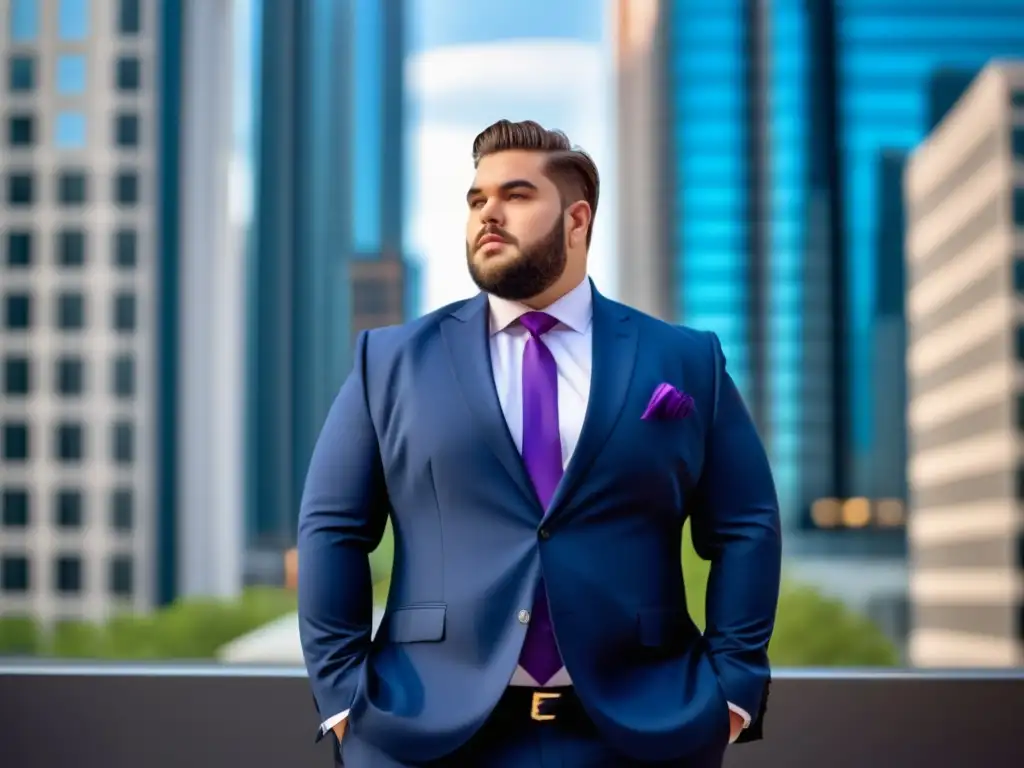 Moda masculina plus size: Modelo confiado en un traje elegante frente a un fondo urbano, transmitiendo inclusión, diversidad y empoderamiento