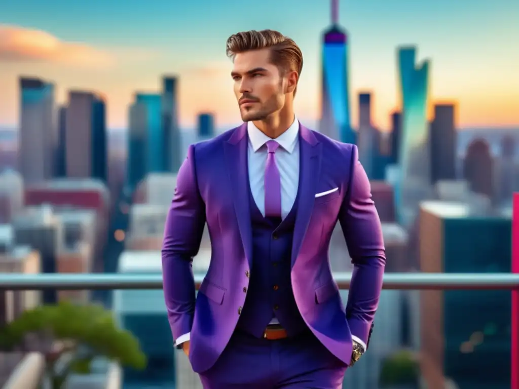 Fotografía de moda masculina brillante con modelo seguro en traje elegante, ciudad vibrante de fondo